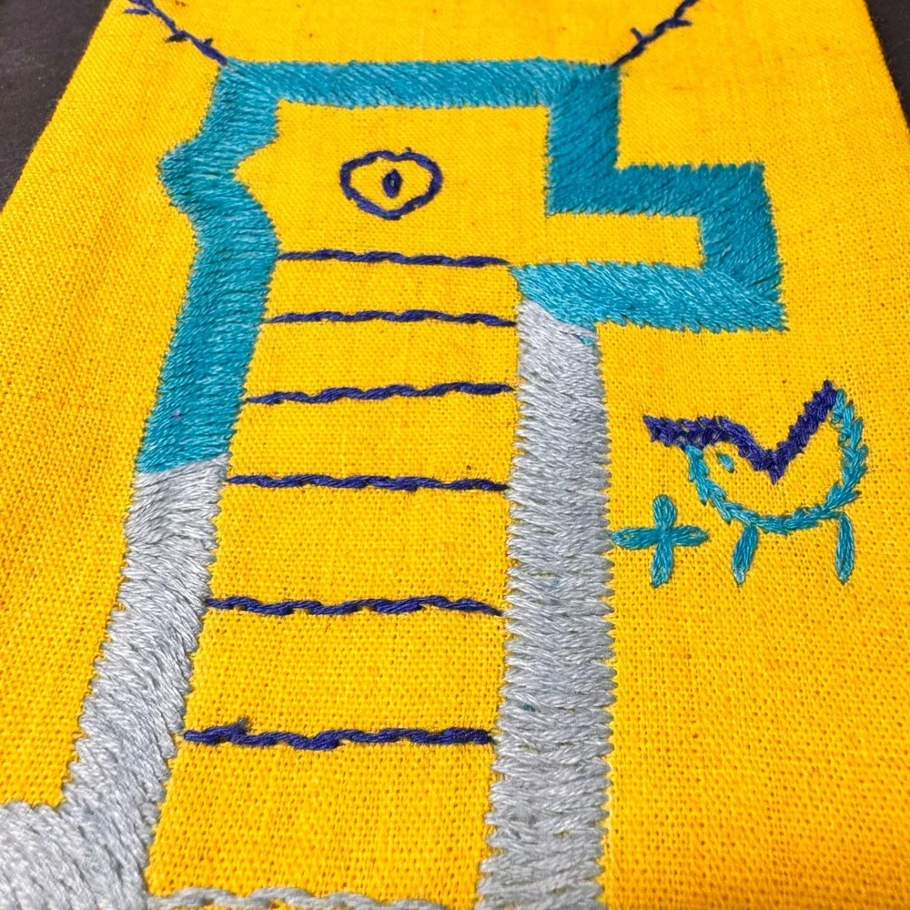 Hand Embroidered Puruvian Guatamalan Folk Art‎ Napkins Yellow Folkloric Set of 2